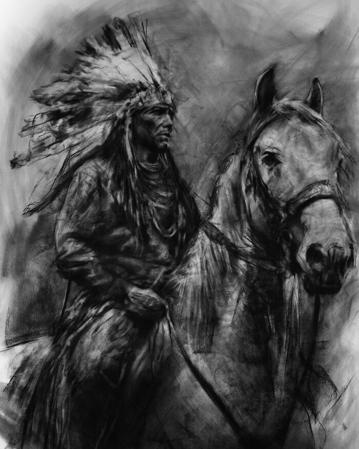 Charcoal portrait of a Native American on horseback, showcasing striking details by artist Josh Hernandez.