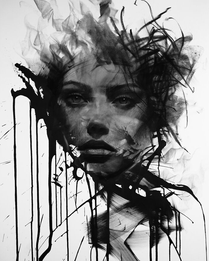 Charcoal portrait by an artist with over a million fans, featuring a striking abstract female face with dynamic brush strokes.