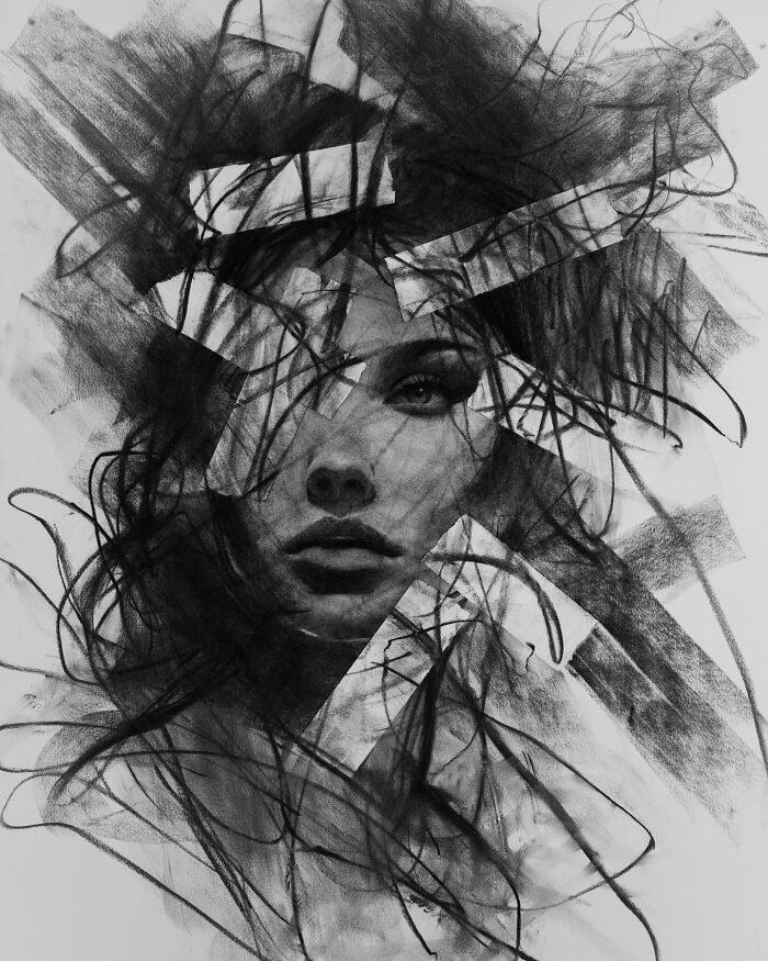 Charcoal portrait of a woman by Josh Hernandez, featuring expressive strokes and abstract elements.