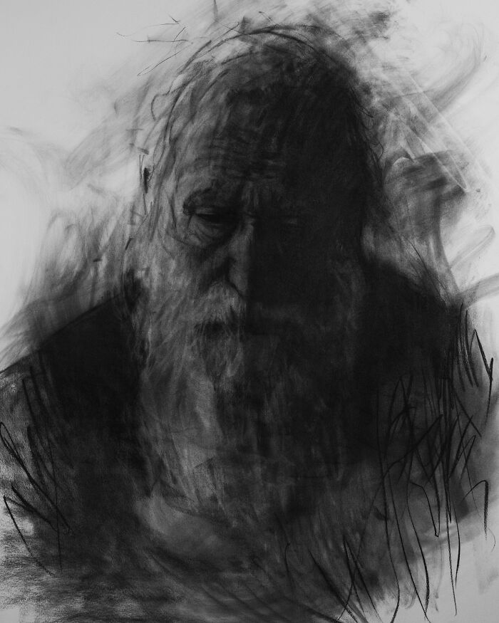 Charcoal portrait by Josh Hernandez, featuring a bearded figure with dramatic black shading and abstract lines.