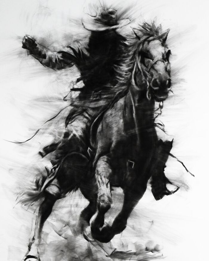 Charcoal portrait of a rider on horseback, showcasing dynamic movement and contrast.