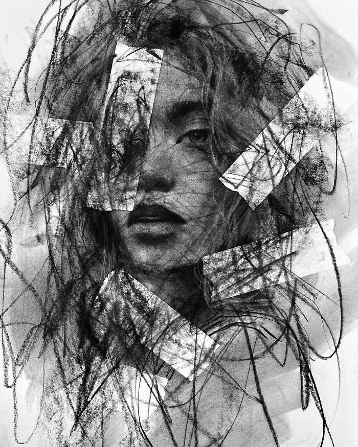 Charcoal portrait by artist Josh Hernandez, featuring an expressive face with abstract, dynamic strokes.