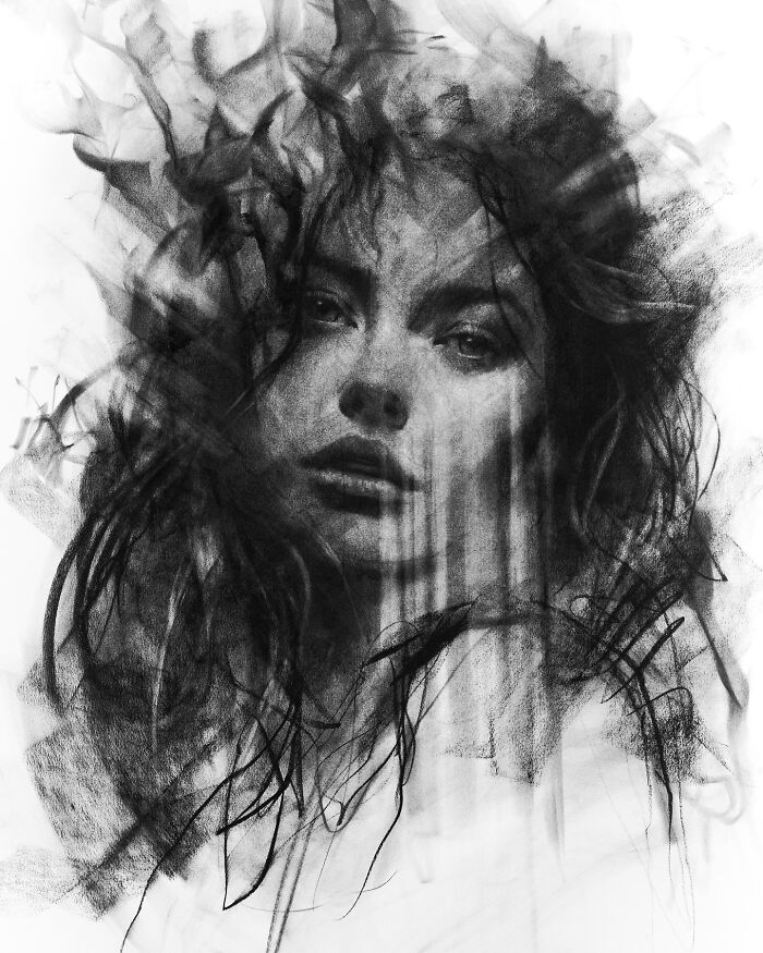 Charcoal portrait by Josh Hernandez, featuring a woman's face with expressive shading and dynamic lines.