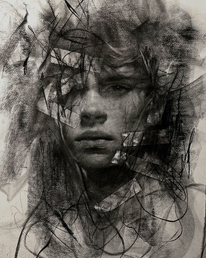Charcoal portrait by Josh Hernandez featuring abstract, striking lines and shadows, showcasing a detailed human face.