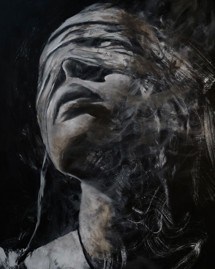 Charcoal portrait of a person with closed eyes, showcasing Josh Hernandez's striking artistic style.