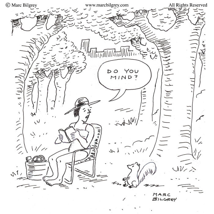 Reader in a park interrupted by a speaking squirrel, part of Marc Bilgrey's witty one-panel cartoons on everyday life.