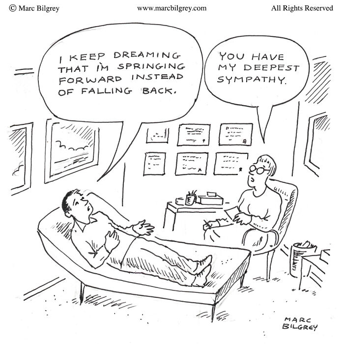 Therapist and patient in a witty one-panel cartoon by Marc Bilgrey, discussing a dream about springing forward.