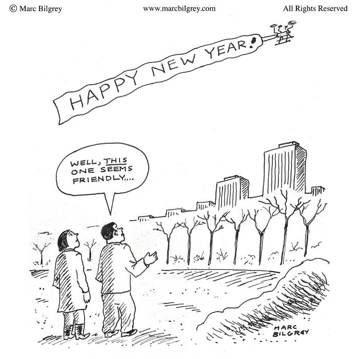Cartoon by Marc Bilgrey showing a couple looking at a "Happy New Year" drone banner, commenting on its friendliness.