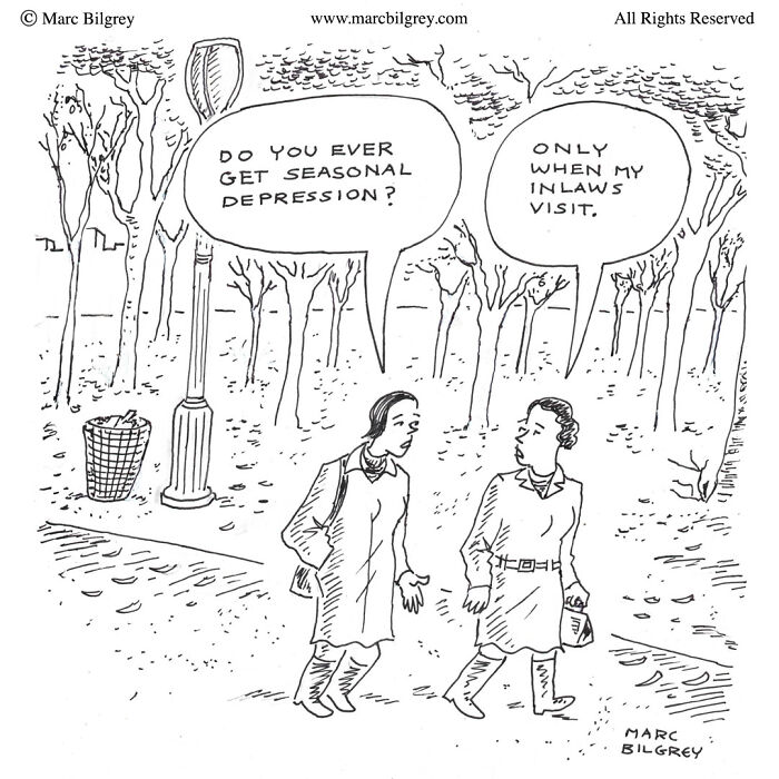 Two people in a park joke about seasonal depression and in-laws, showcasing a witty take on everyday life by Marc Bilgrey.