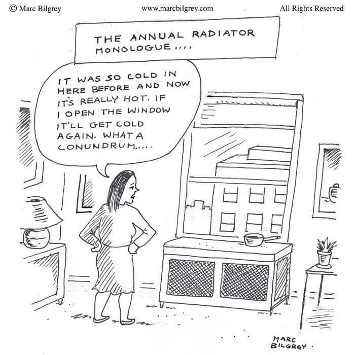 Cartoon by Marc Bilgrey depicting a woman humorously pondering room temperature changes near a radiator.