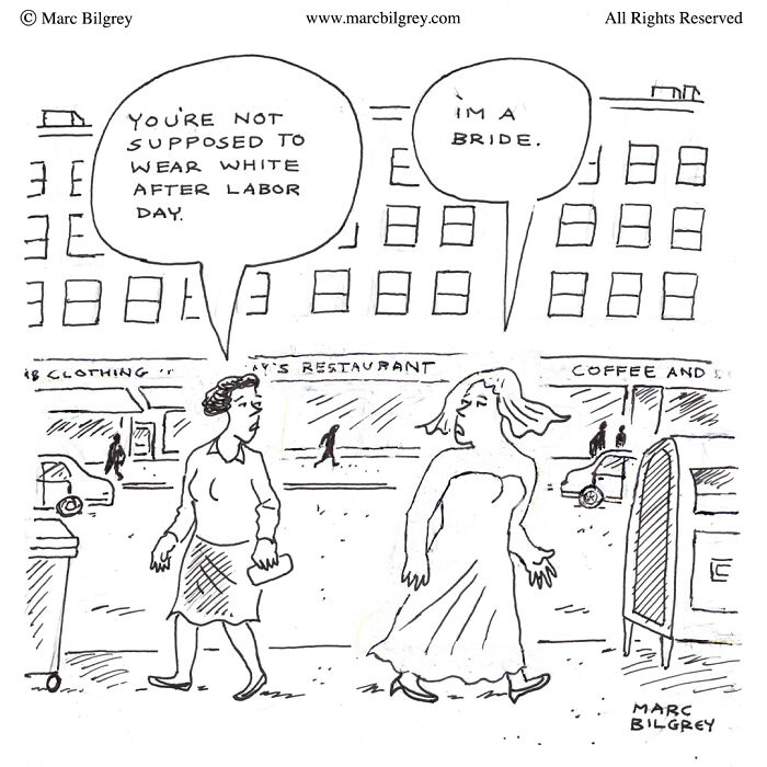 Cartoon by Marc Bilgrey shows a bride in white explaining fashion rules to another woman.