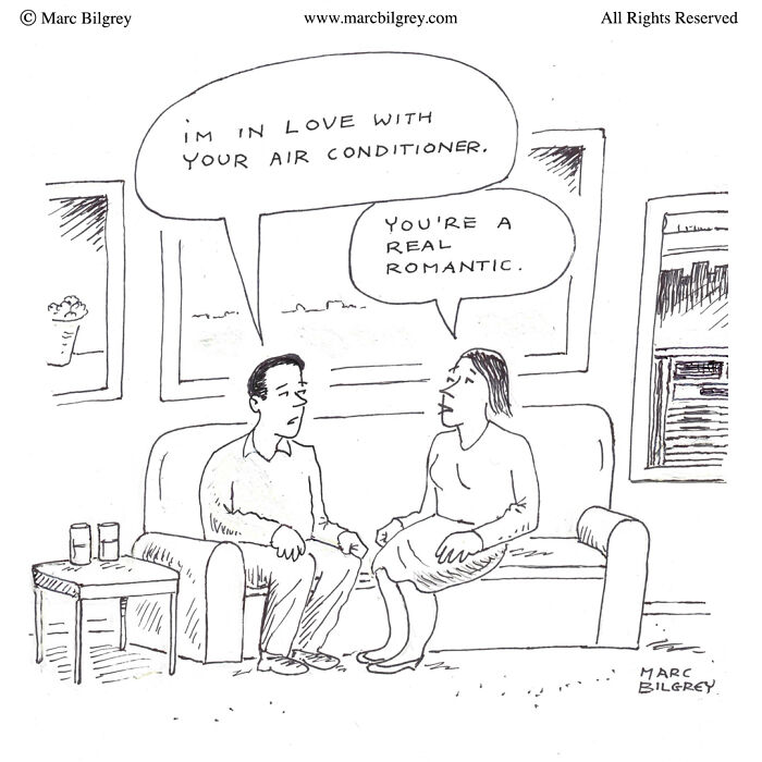 A witty one-panel cartoon by Marc Bilgrey depicting a humorous conversation about air conditioning.