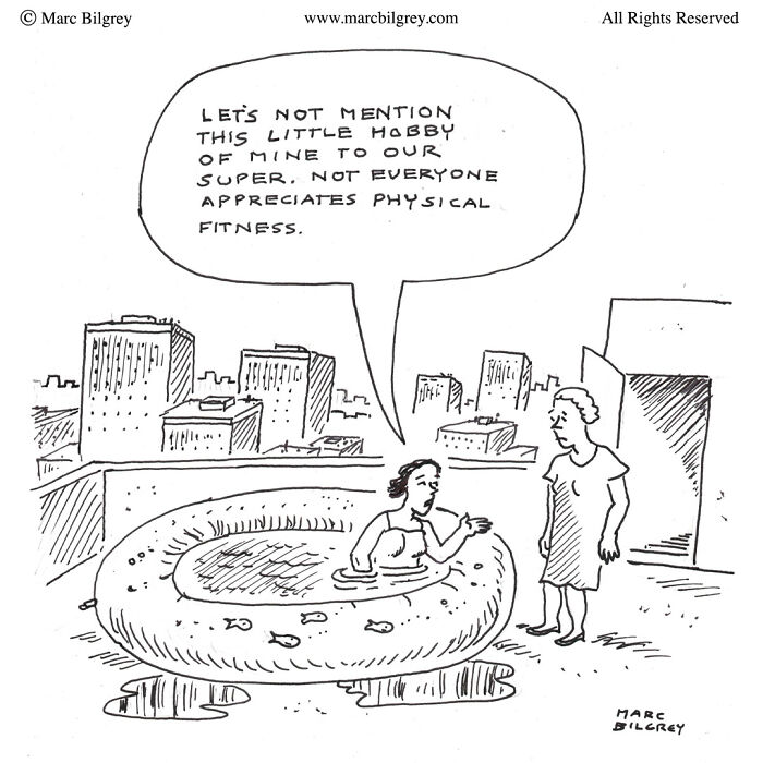 A woman in a rooftop pool chatting with another, reflecting a witty take on everyday life by Marc Bilgrey.