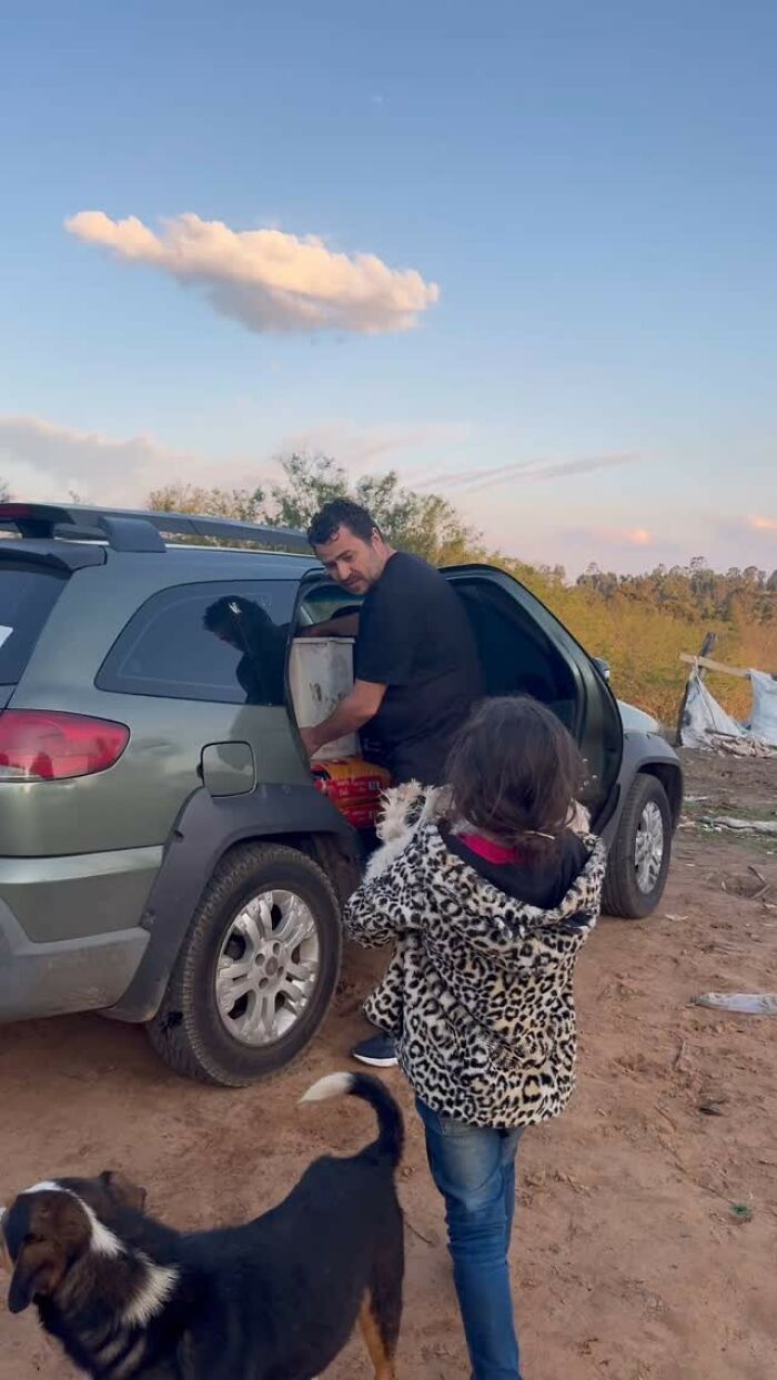 Man feeding stray dogs from SUV, joined by a child in a leopard print coat. Man feeding stray dogs from SUV, joined by a child in a leopard print coat.
