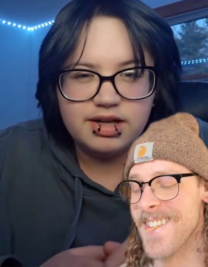 People in open relationships respond to a claim, each wearing glasses, one with piercings, and the other a beanie. People in open relationships respond to a claim, each wearing glasses, one with piercings, and the other a beanie.