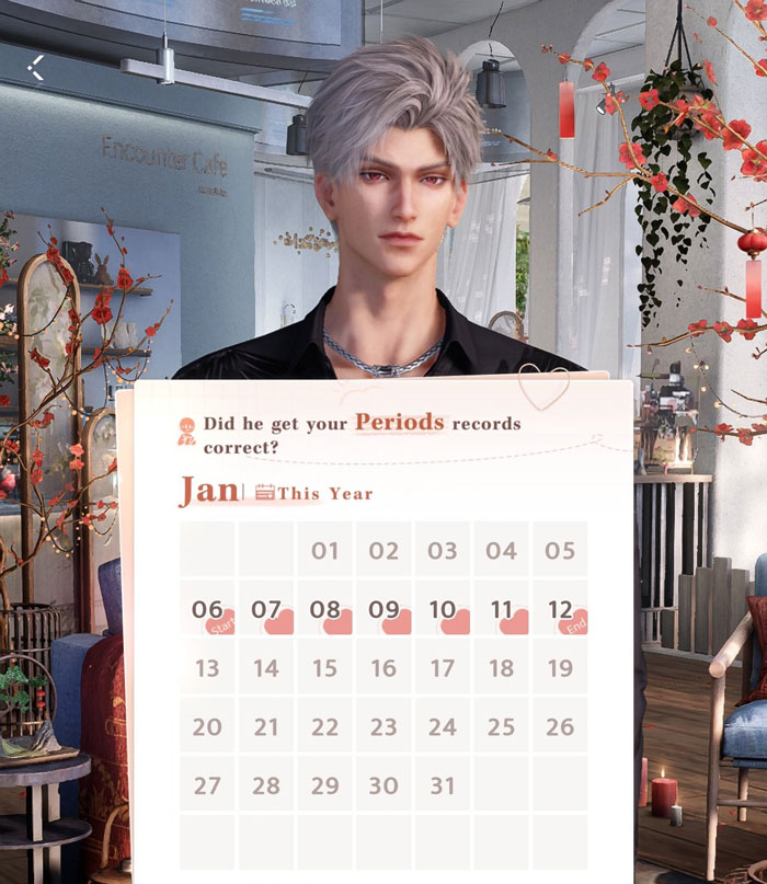 Period tracker in mobile game interface featuring a calendar and character. Period tracker in mobile game interface featuring a calendar and character.