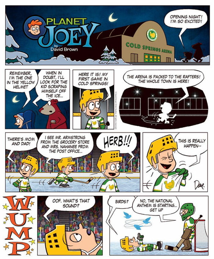 Comic strip featuring Planey Joey at Cold Springs Arena, excited for his first hockey game and interacting with the crowd. Comic strip featuring Planey Joey at Cold Springs Arena, excited for his first hockey game and interacting with the crowd.