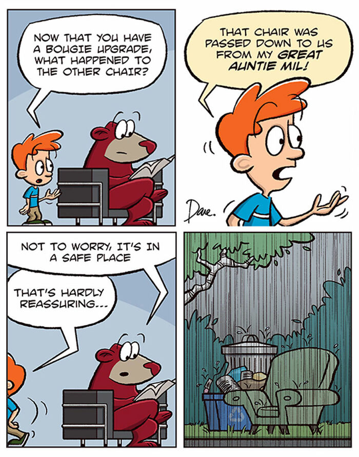 Planey Joey comic strip with a boy and a bear discussing a chair's safe place. Planey Joey comic strip with a boy and a bear discussing a chair's safe place.