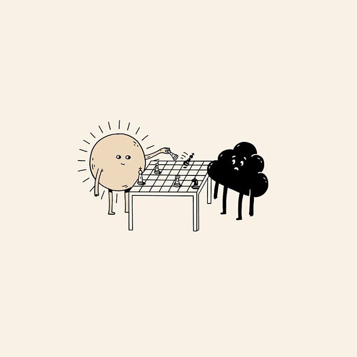 Sun and cloud playing chess in John Larigakis illustration.