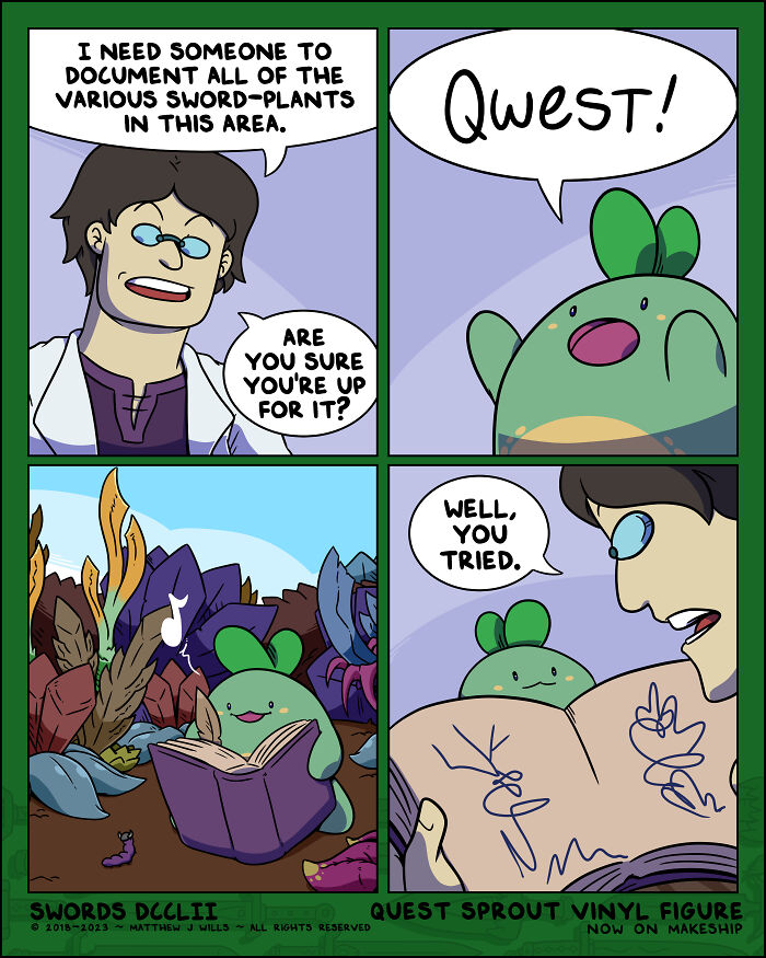 Comic about a fantasy world featuring characters discussing sword-plant documentation.