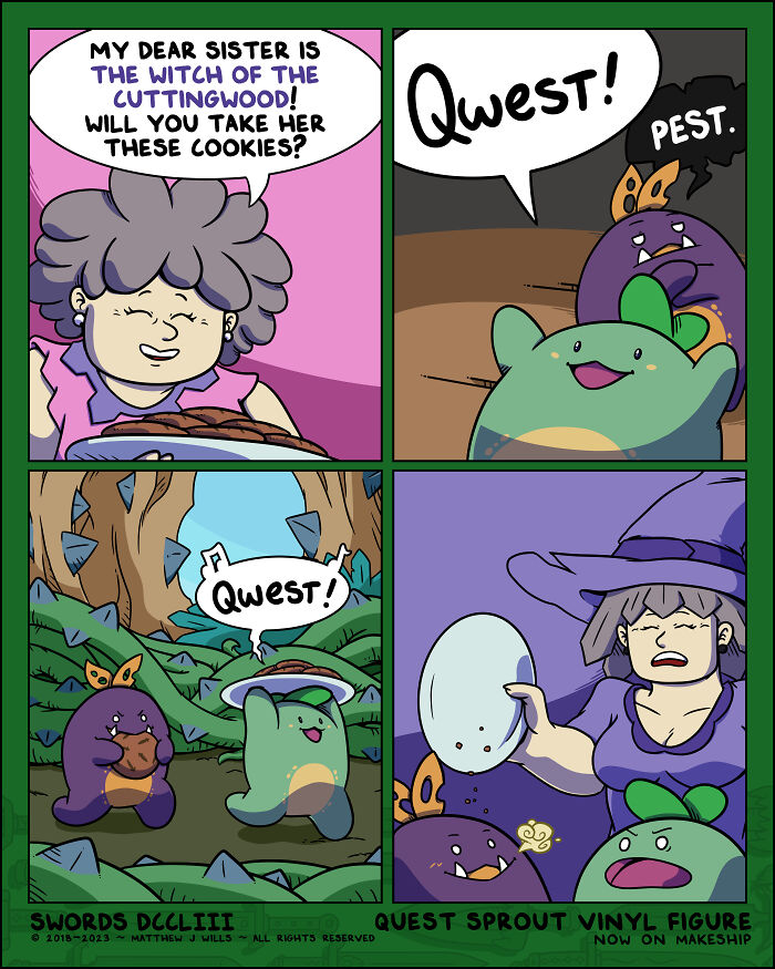 Comic about fantasy world where everyone’s weapon is a sword, showing characters on a quest with cookies and a witch.