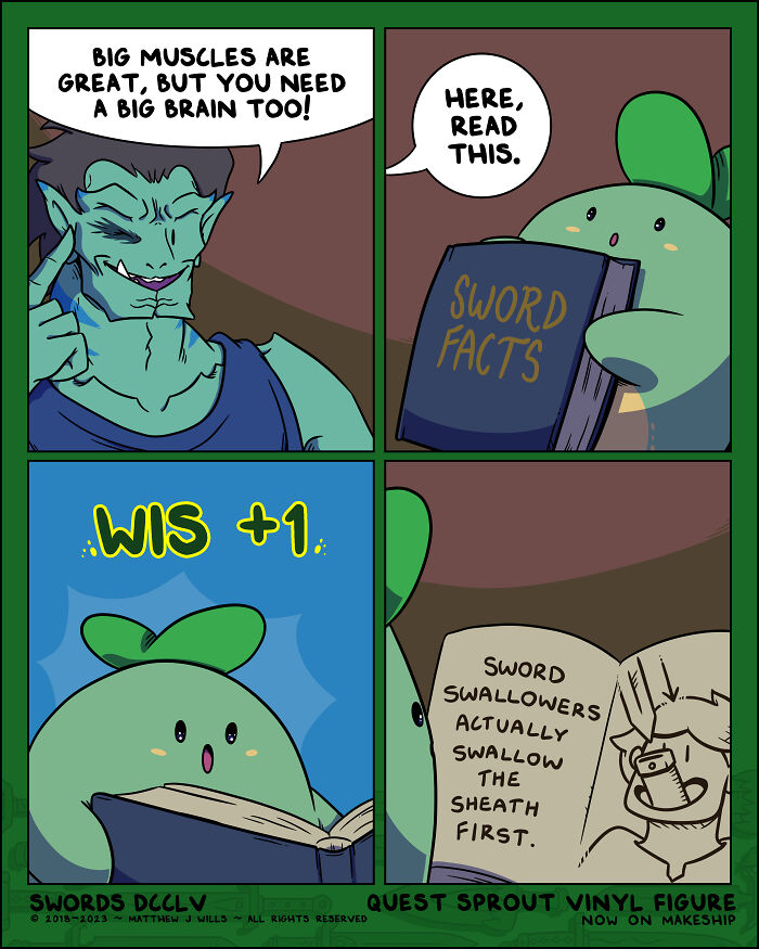 Cartoon characters discussing book titled "Sword Facts" in a humorous fantasy world, highlighting sword as weapon of choice.