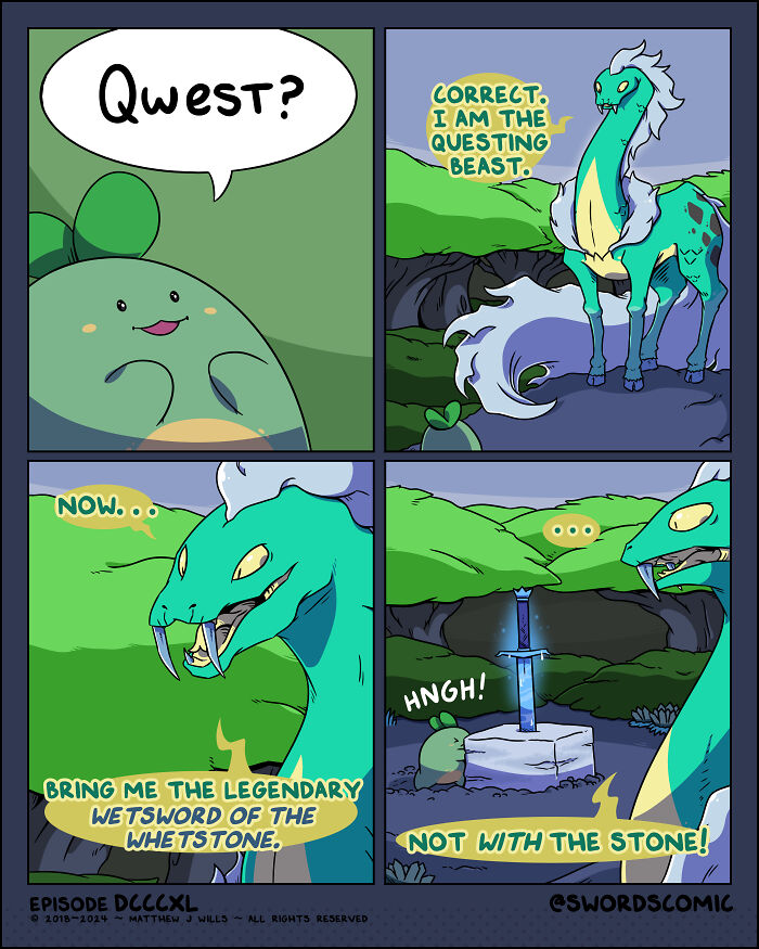 Comic scene with a fantasy creature and a sword embedded in stone, focusing on the sword-themed world.