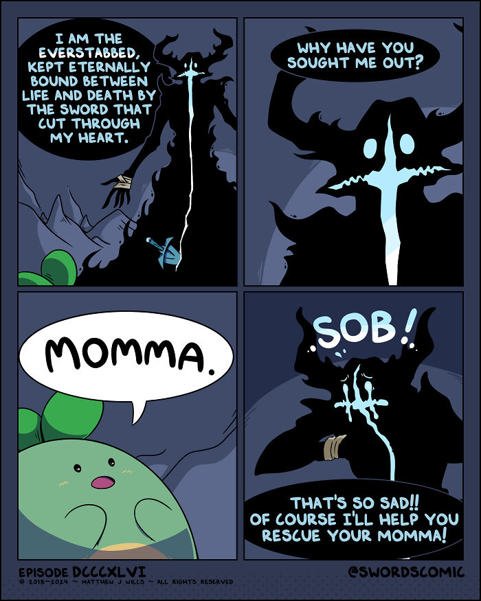 Comic about a fantasy world with characters using swords as weapons, featuring a quest to rescue a mom.