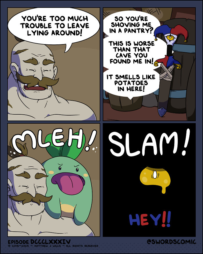 Comic strip featuring a fantasy world where a sword, with a jester face, speaks from inside a pantry with humorous dialogue.
