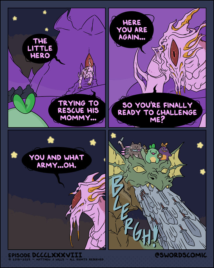 Comic about a fantasy world where characters, including a dragon, use swords in a humorous battle scenario.