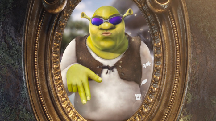 Shrek in a gold-framed mirror, sporting sunglasses and a laid-back pose, highlighting "clean" animation style. Shrek in a gold-framed mirror, sporting sunglasses and a laid-back pose, highlighting "clean" animation style.