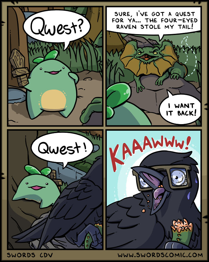 Fantasy comic featuring a quest to retrieve a stolen tail from a four-eyed raven.