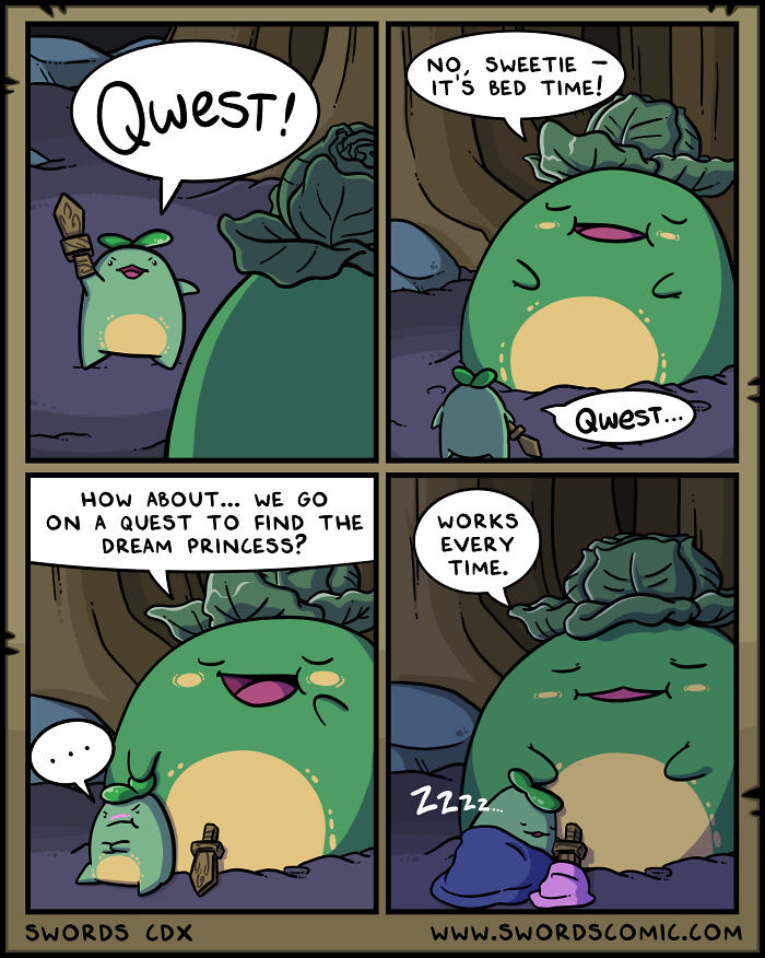 Comic strip of a fantasy world with a cute character holding a sword, going to bed after discussing a quest.