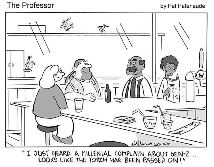 Single-panel comic by Pat Patenaude showing positive humor with people in a cafe discussing Millennials and Gen-Z.