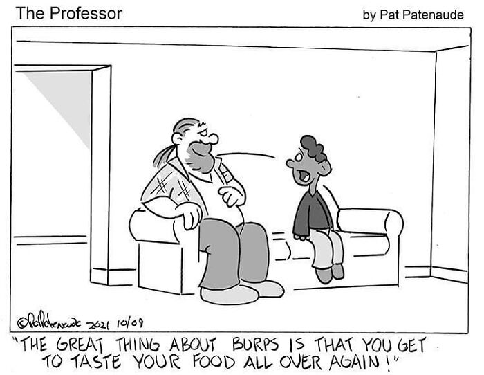 Cartoonist's single-panel comic with two men humorously discussing the benefits of burping on a sofa.