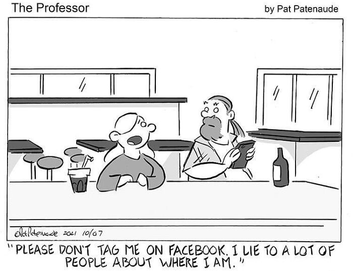 Cartoonists' positive humor comic shows two people at a bar, one saying, "Please don't tag me on Facebook."