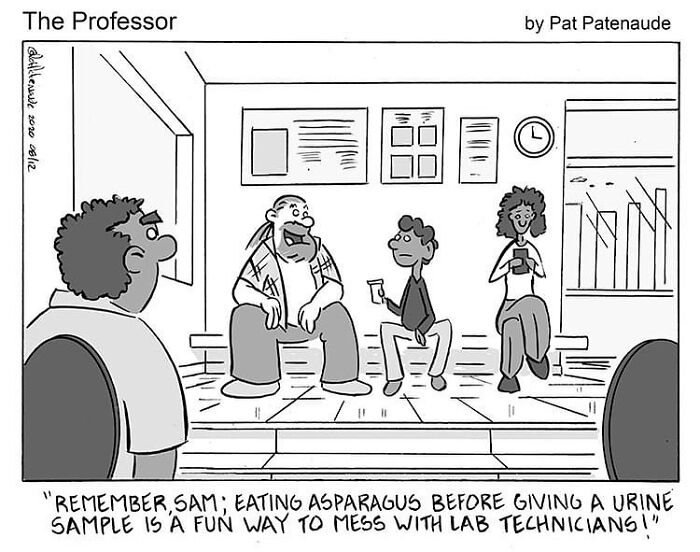 Cartoonist Pat Patenaude creates a humorous single-panel comic featuring a joke about asparagus and lab tests.