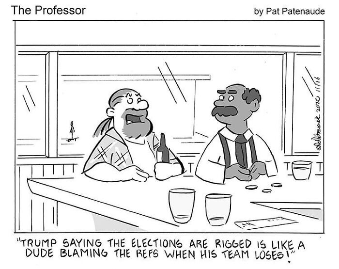 Cartoonist's positive humor comic of two men at a bar discussing election results.