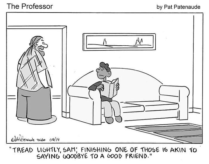 Cartoonist's single-panel comic featuring a person on a couch with a book, sharing a humorous moment.