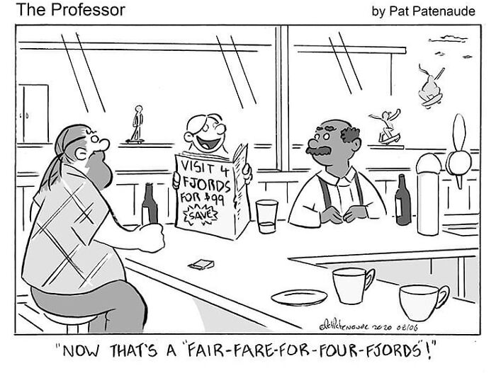 Cartoonist's comic at a bar with a humorous pun about fjords travel.