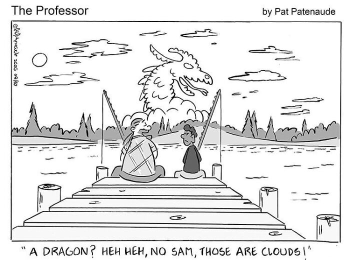 Cartoonist's comic shows two people fishing, with dragon-shaped clouds in the sky.