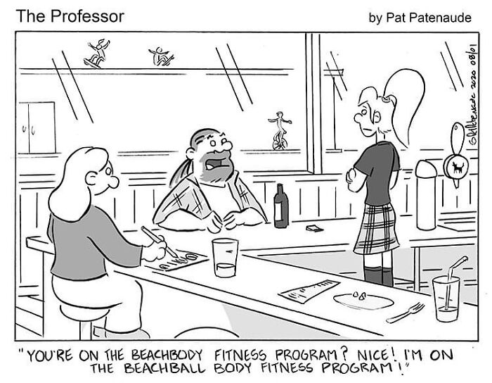 Cartoonist's single-panel comic of a humorous conversation in a restaurant about fitness programs.