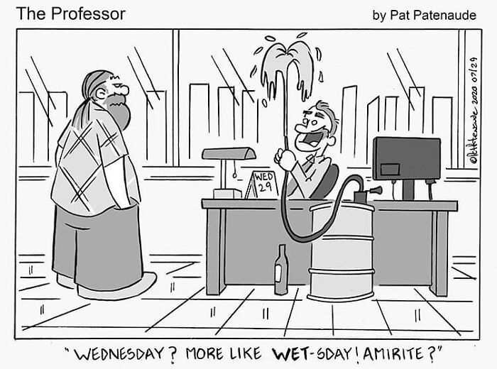 Cartoonist creates humorous comic with office worker joking about "Wet-sday" as plant overflows.
