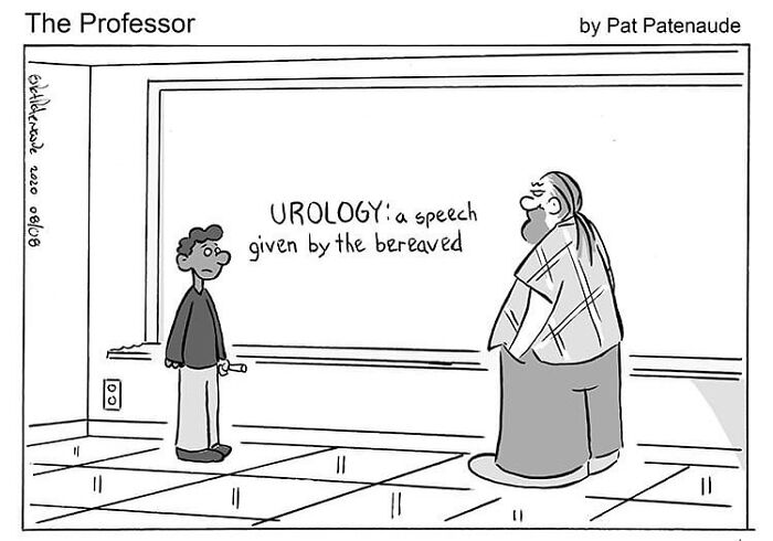 Cartoonist's comic with two people in a classroom, illustrating humorous misunderstanding about urology.