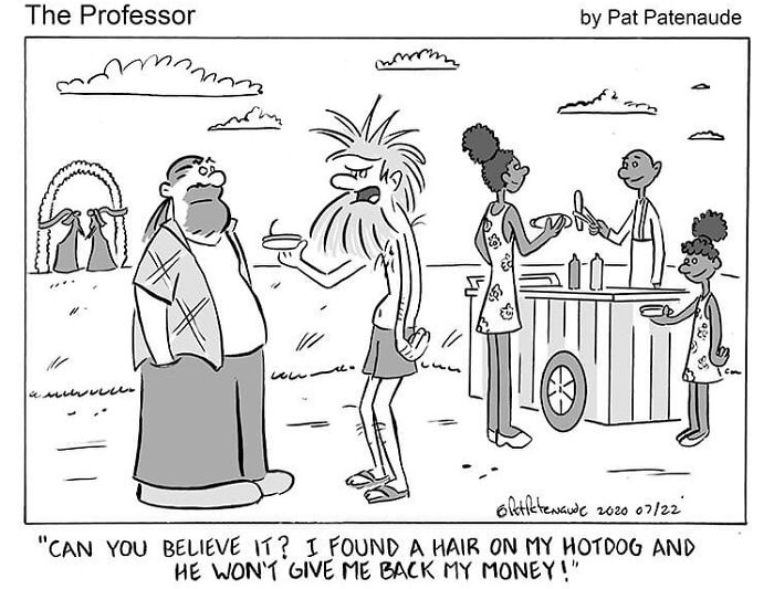 Cartoonist's comic showing a man upset about a hair on his hotdog, speaking to another, humorously conveying positive humor.