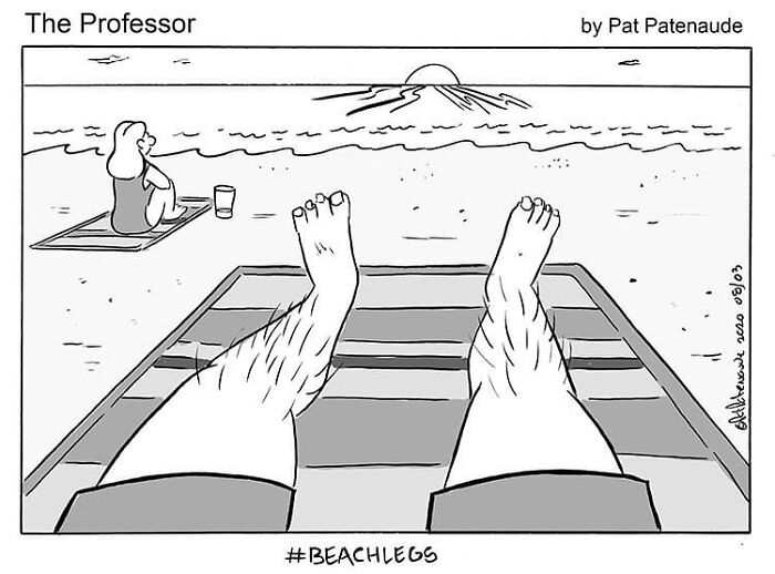 Cartoonist's comic showing a person relaxing on a beach chair, legs up, with a sunset view. #BeachLegs displayed below.