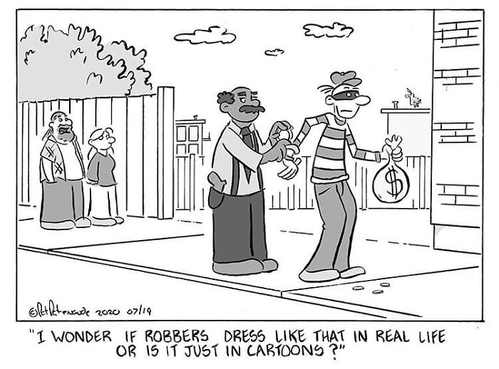 Cartoon depicting humorous scene with a robber dressed in stripes, sparking a playful query about real life.