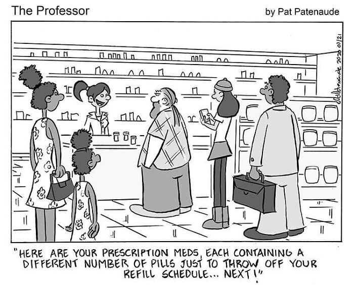 Cartoonist illustrates humorous pharmacy scene with a playful twist on prescription refills.
