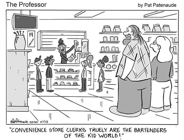 Cartoon with positive humor shows a convenience store clerk serving kids a slushie, captioned humorously about store clerks.