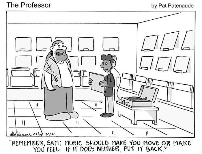 Comic by a cartoonist showing humorous advice on music selection in a record store.